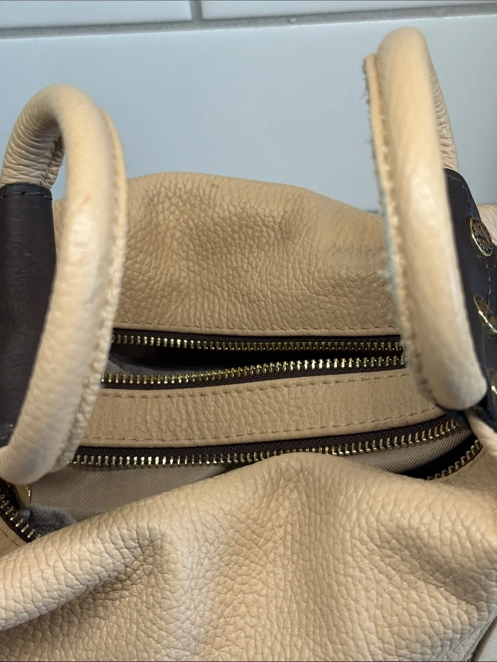 Valentina  Beige and Dark Brown Leather Mini Backpack / Bag